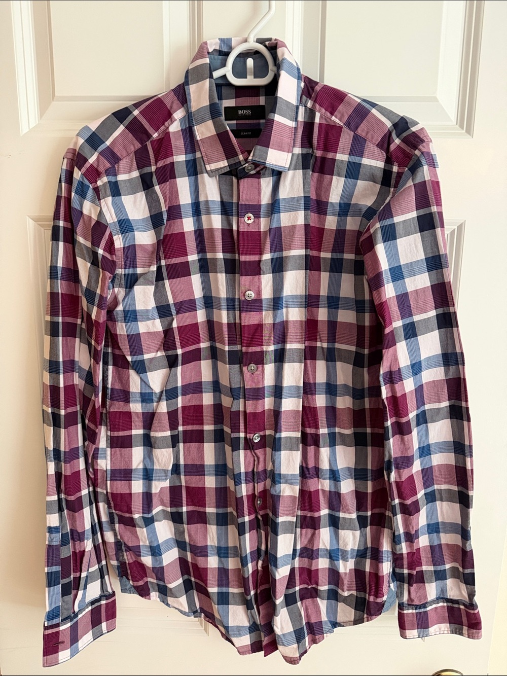 Boss Men's Burgundy, Blue & White Plaid Button-Down Shirt